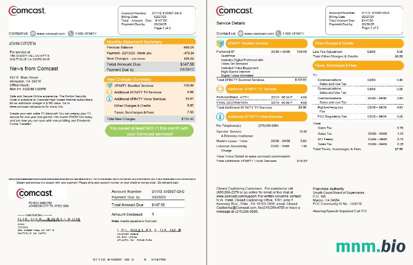 Szablon rachunku za media Comcast USA w formatach Word i PDF, 2 strony